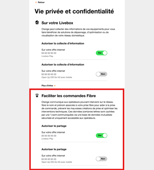 Espace Client rubrique Vie privée et confidentialité